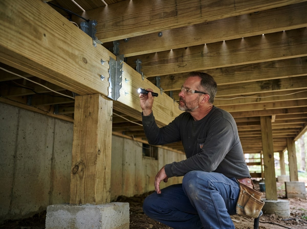 Carpenter inspecting joist hangers and structural connectors under a residential deck frame in Hazelwood