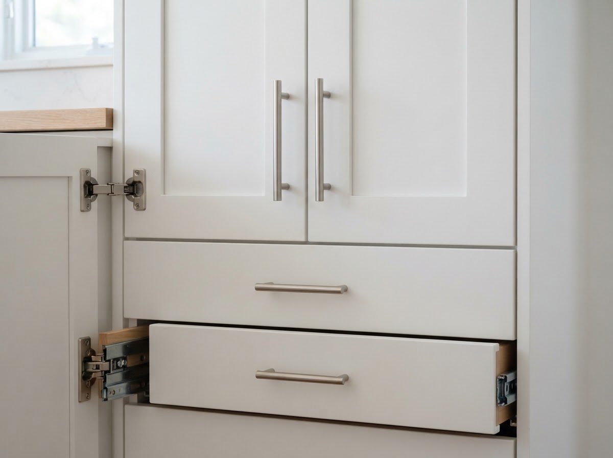 Cabinet door and drawer alignment detail with consistent reveals and hardware