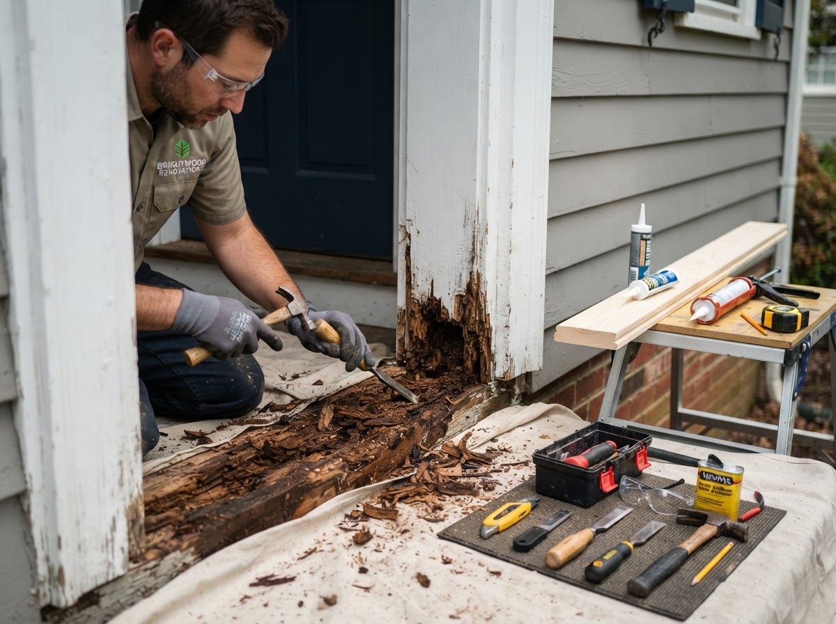 Wood rot repair detail showing damaged exterior trim and replacement material