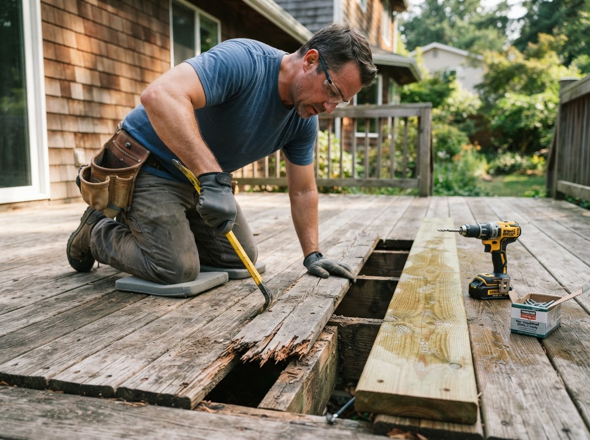 Carpenter replacing a split deck board with pressure-treated lumber