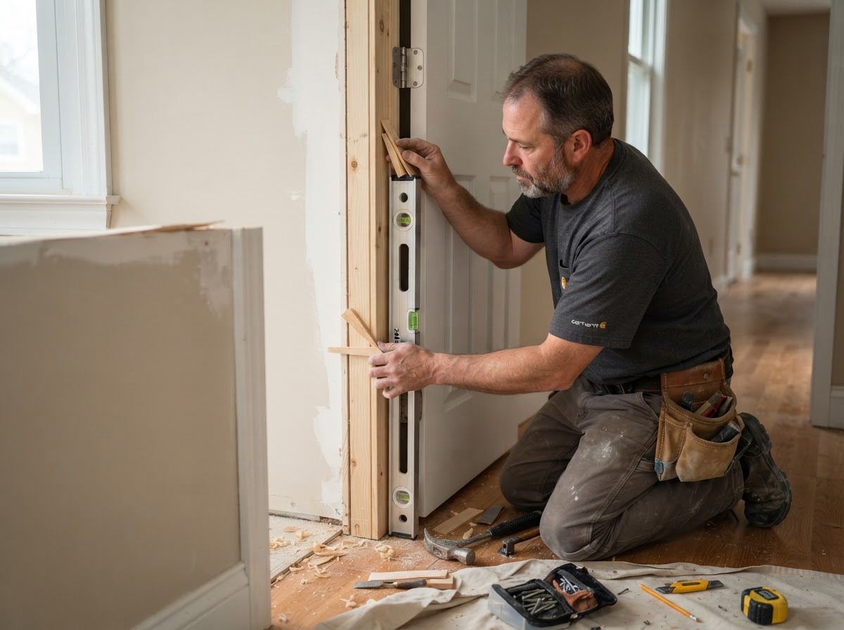 Door installation and jamb alignment work in a Hazelwood interior