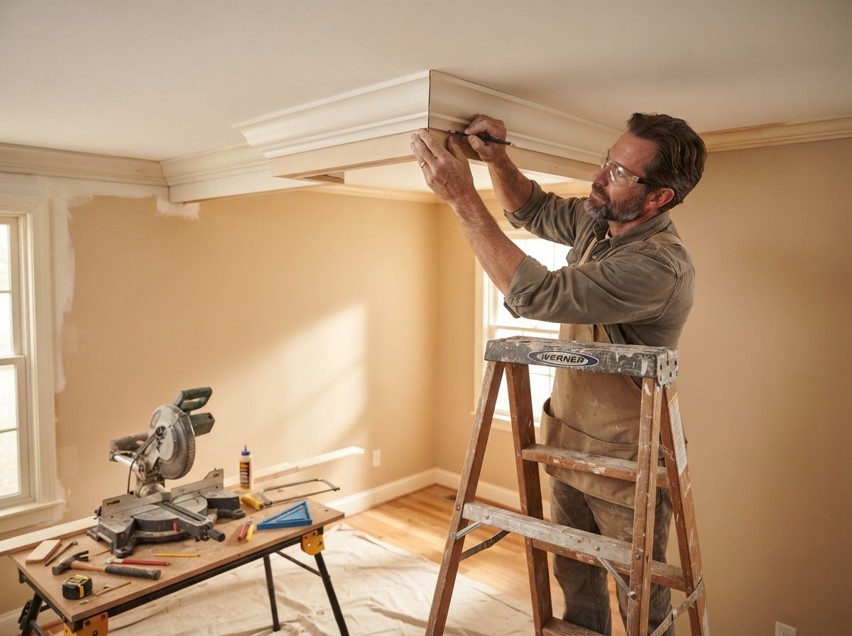 Carpenter measuring and fitting crown molding at a ceiling corner in a Hazelwood residence