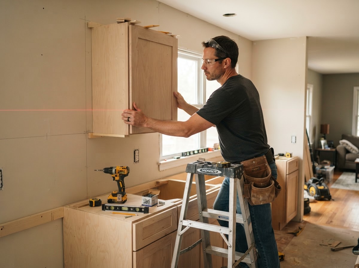 Carpenter installing base and wall cabinets with a laser level reference line in Hazelwood