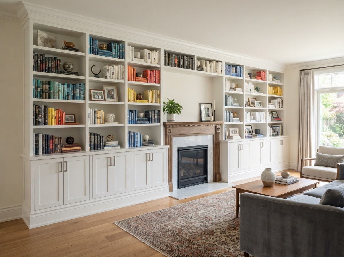 Finished wall-to-wall built-in bookcase with integrated trim and baseboard transition in a living room