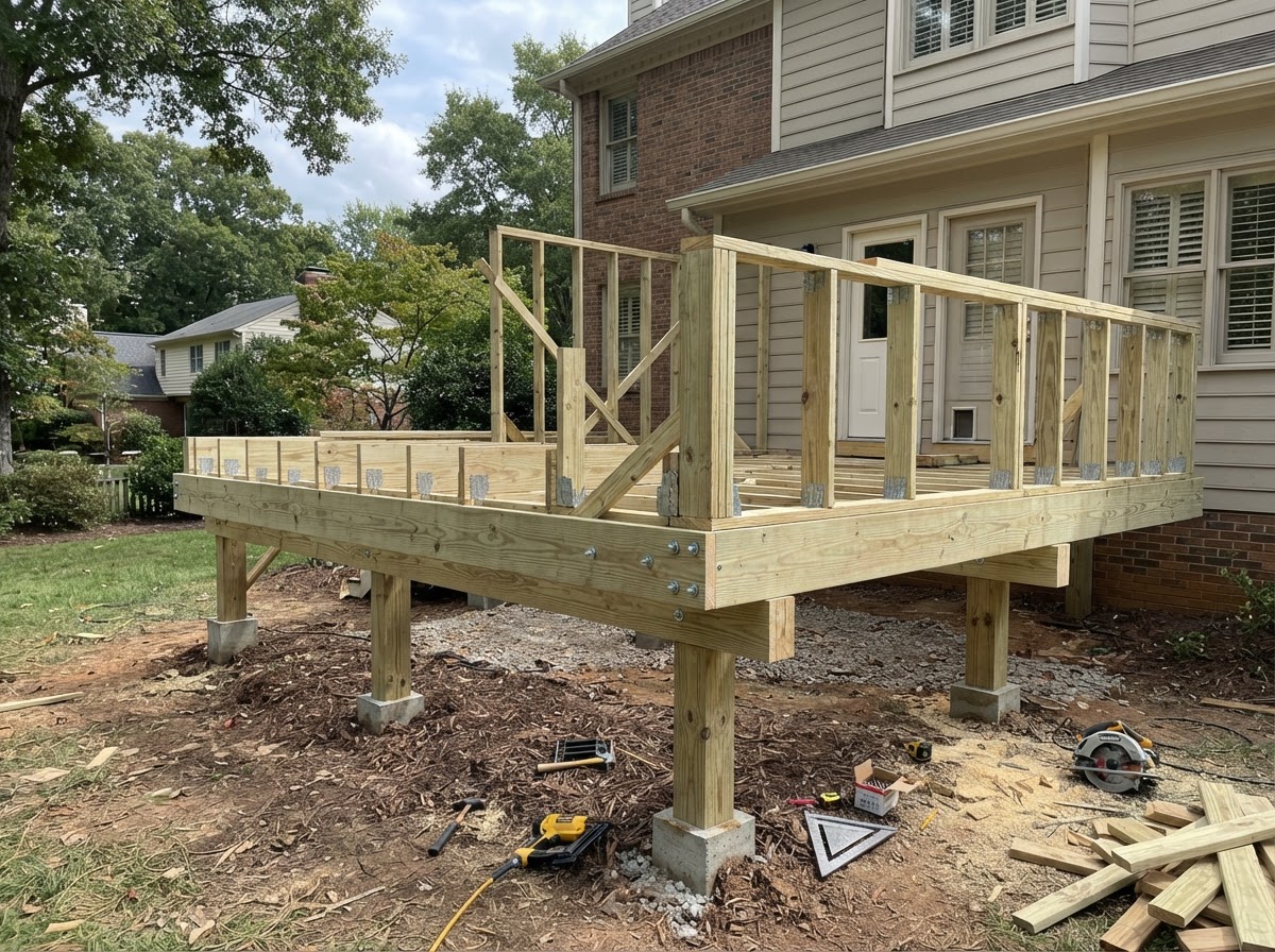 New residential deck construction framing in a Maryland Heights backyard