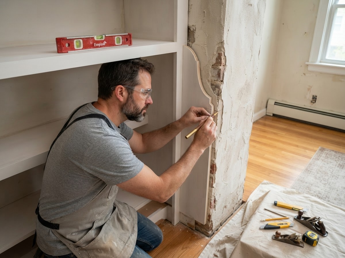Carpenter scribing a built-in shelving unit into an alcove with irregular walls