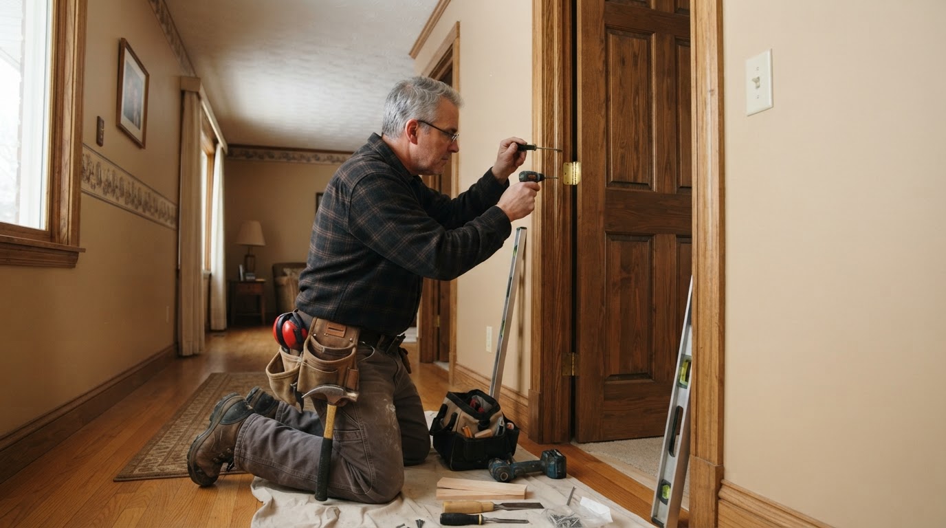 Carpenter performing door repair and finish trim work inside an established Bridgeton-style suburban home