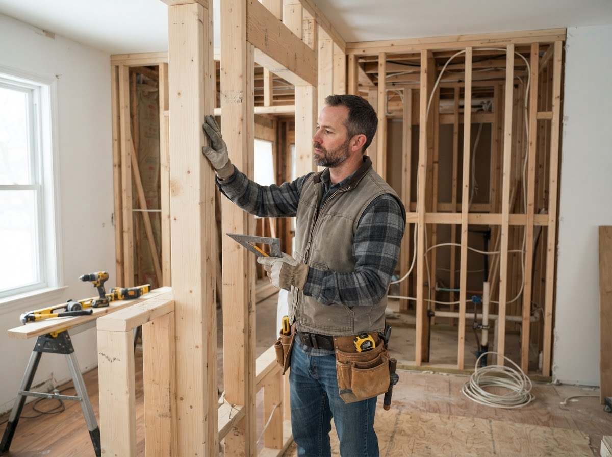 Professional carpenter assessing exposed residential wall framing and structural wood members in Hazelwood