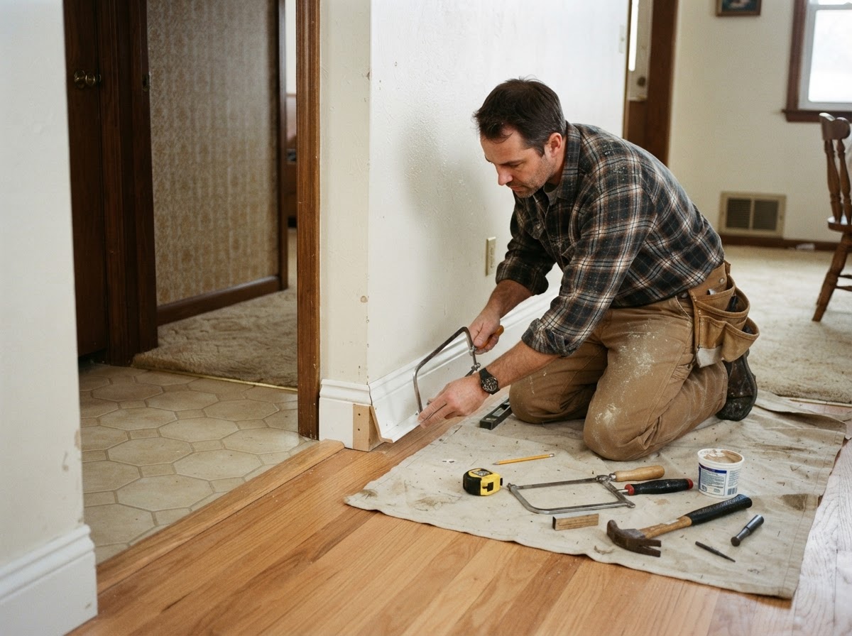 Baseboard installation scribed to a flooring transition in a Bridgeton home
