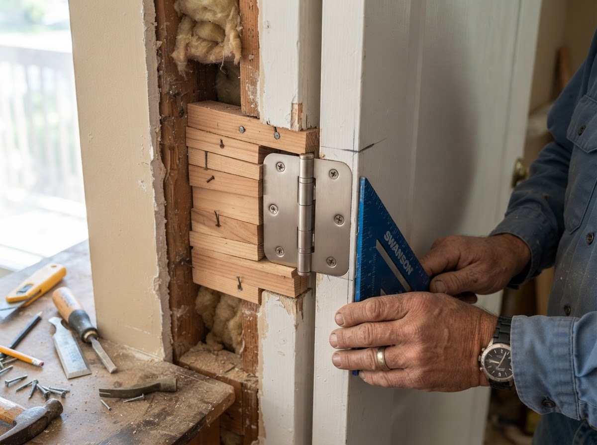 Door jamb and hinge repair with shimming and strike alignment in an established St. Ann home