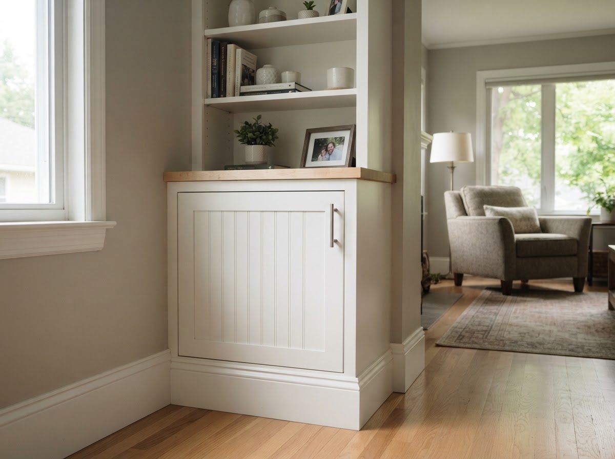 Custom built-in cabinet and shelving detail integrated with baseboard trim in a Bridgeton living room