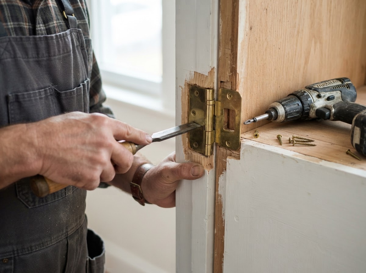 Damaged door jamb and strike area being repaired with replacement wood and hardware alignment