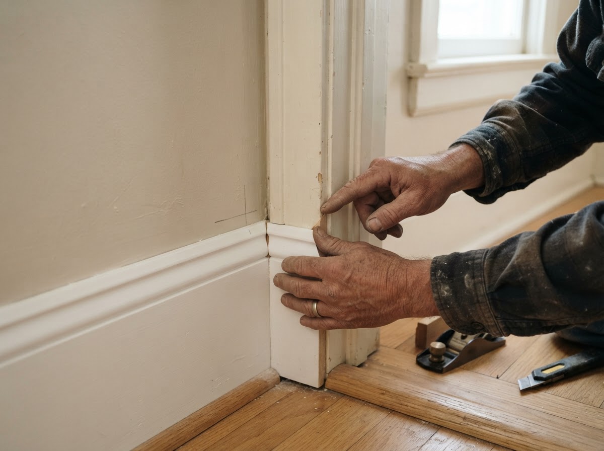 Paint-grade baseboard and door casing installation in a Maryland Heights-style interior