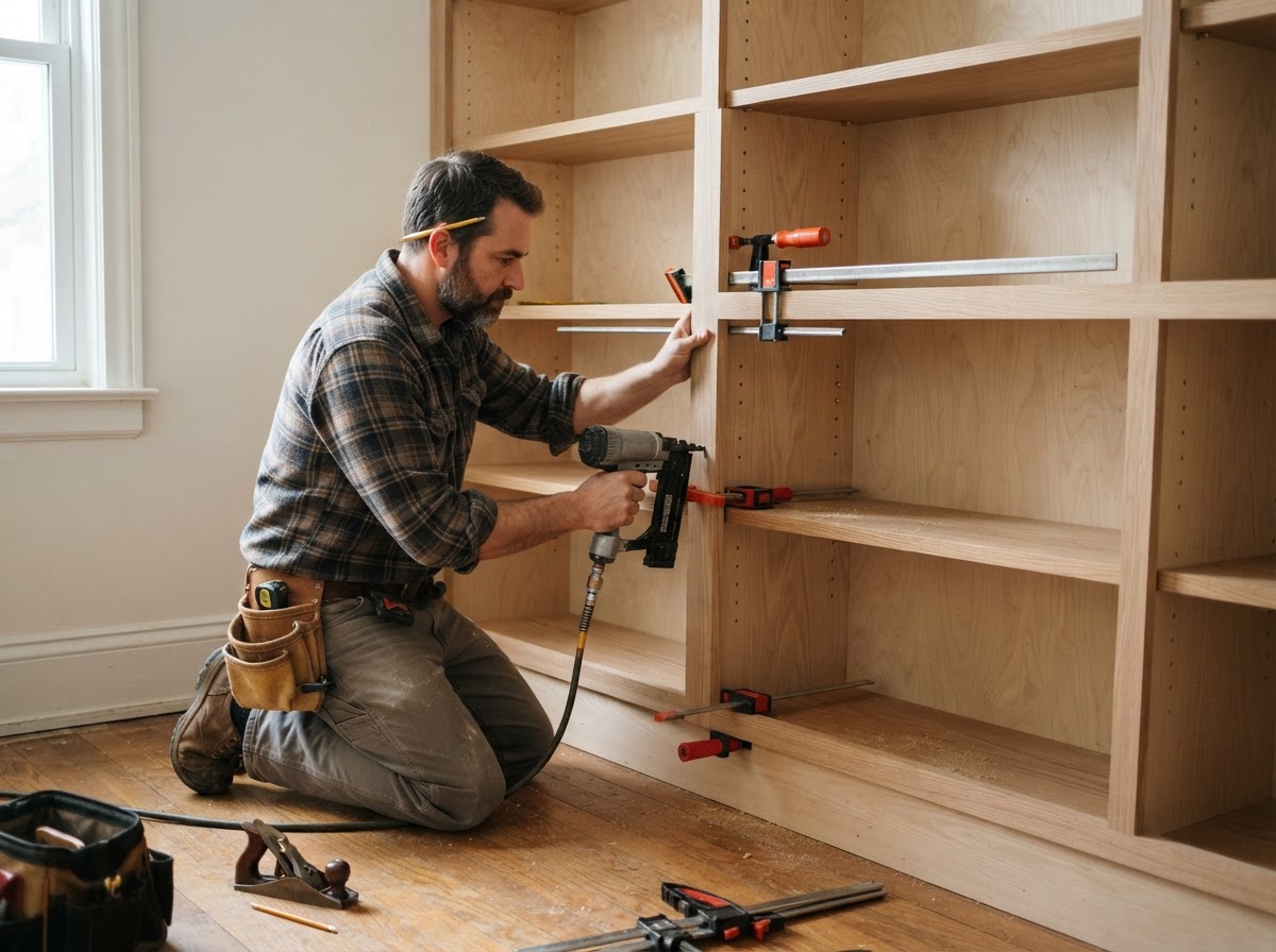 Carpenter fitting a face frame to a built-in bookcase with shelf pins and solid wood edging