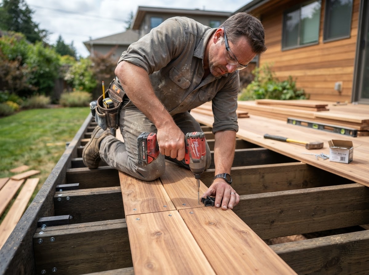 Carpenter installing cedar deck boards with stainless steel screws on a residential deck frame