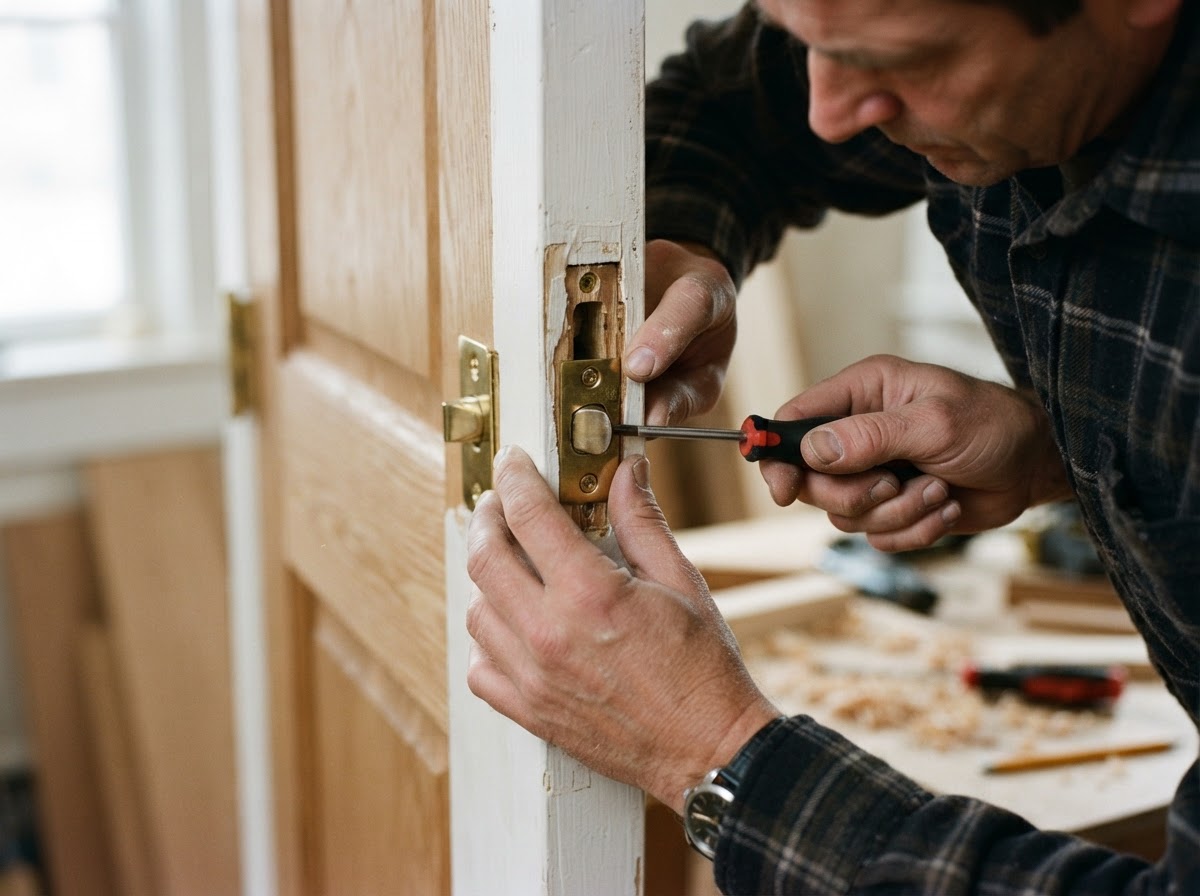 Carpenter adjusting a strike plate to correct latch alignment in a Florissant home