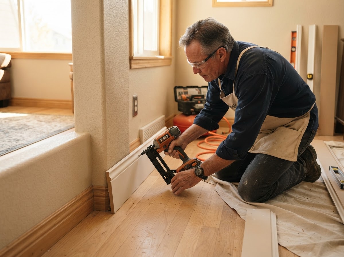 Carpenter fitting a paint-grade baseboard along a residential room wall in Hazelwood