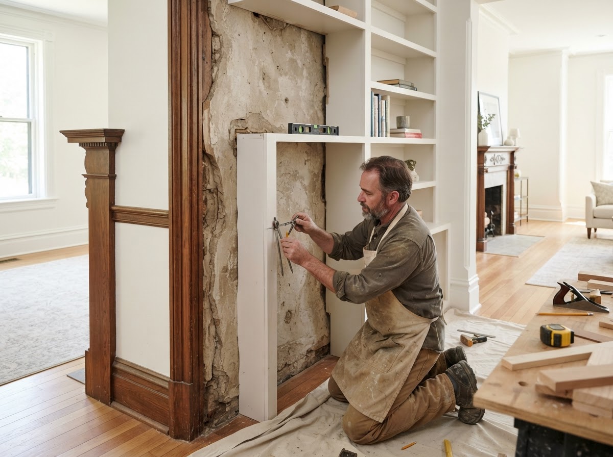 Carpenter scribing a built-in shelving unit into an alcove with irregular walls and existing trim