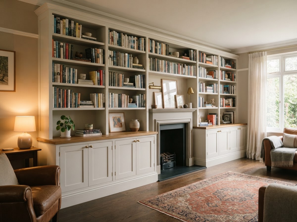 Finished wall-to-wall built-in bookcase with base cabinets and open shelving