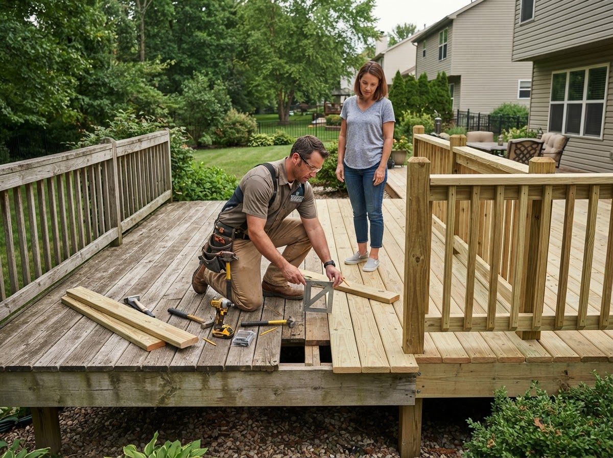 Deck board replacement and rail repair with pressure-treated lumber in a St. Ann backyard