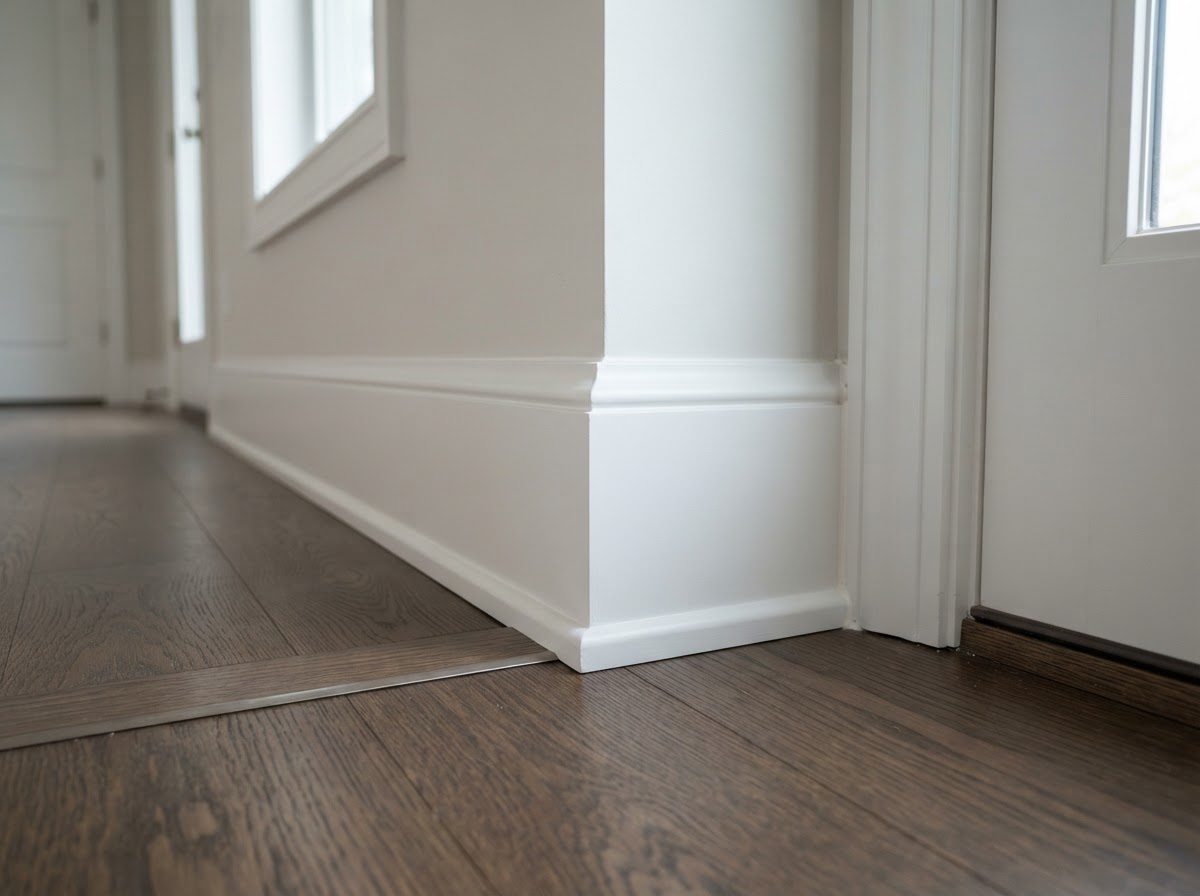 Newly installed baseboards and finish trim along a clean Hazelwood wall and floor transition