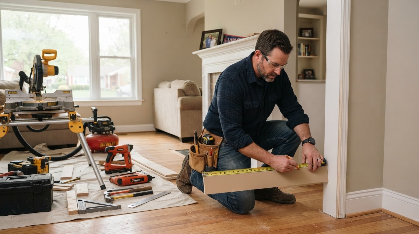 Carpenter measuring and fitting interior trim inside a bright suburban St. Louis County living room