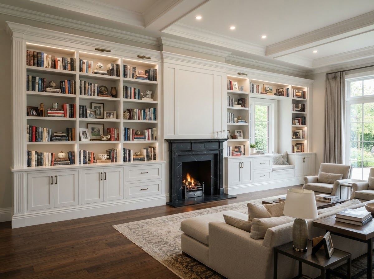 Completed wall-to-wall built-in bookcase with integrated trim, crown, and baseboard transition in a large living room