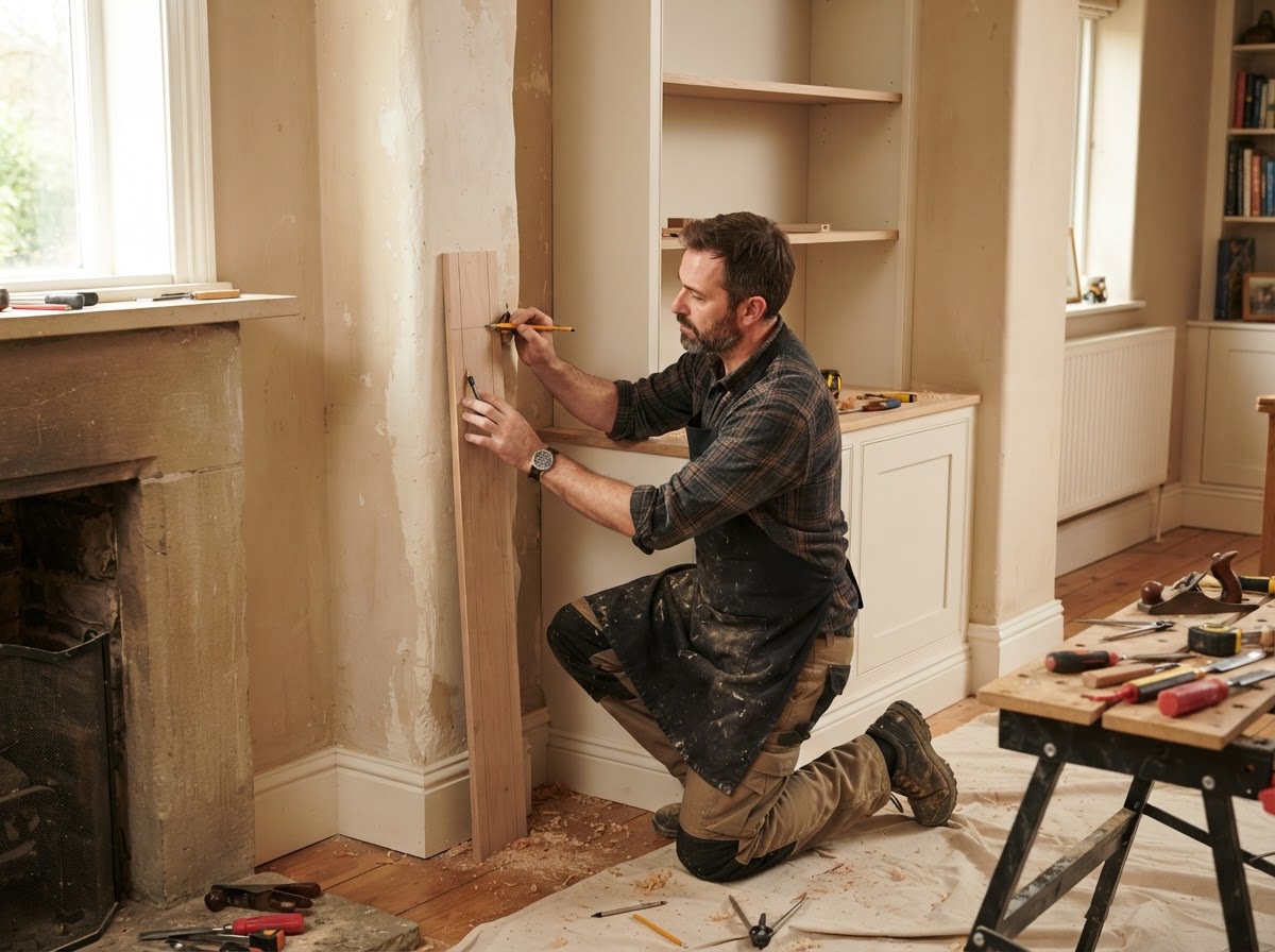 Carpenter fitting an alcove storage built-in with a scribe filler to an irregular wall