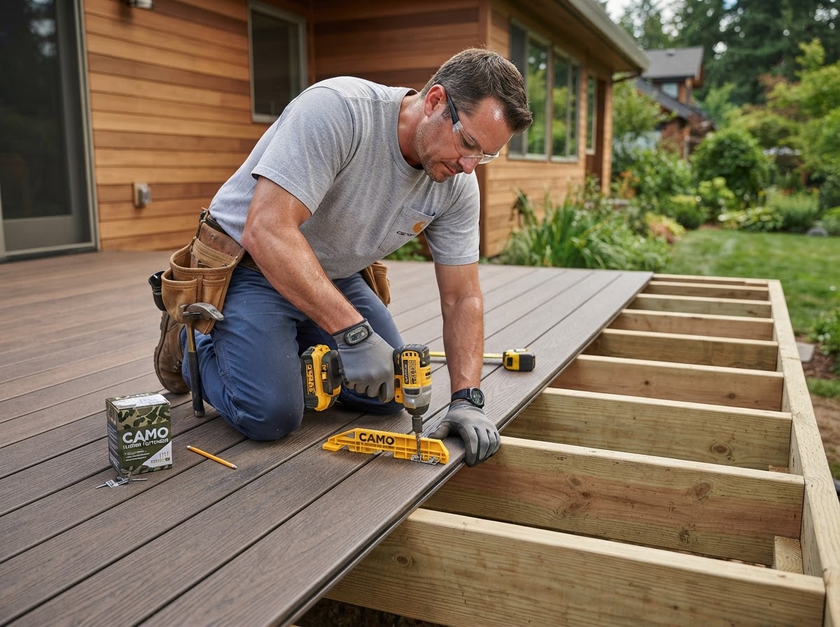 Carpenter installing composite deck boards with hidden fasteners on a residential deck frame