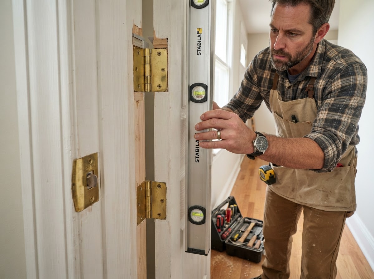 Door installation and jamb alignment work in a Hazelwood interior