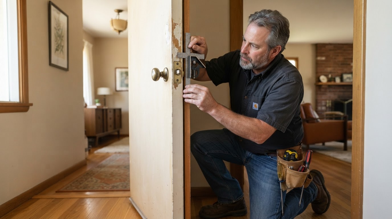 Carpenter evaluating a sticking interior door in an established Florissant-style mid-century home