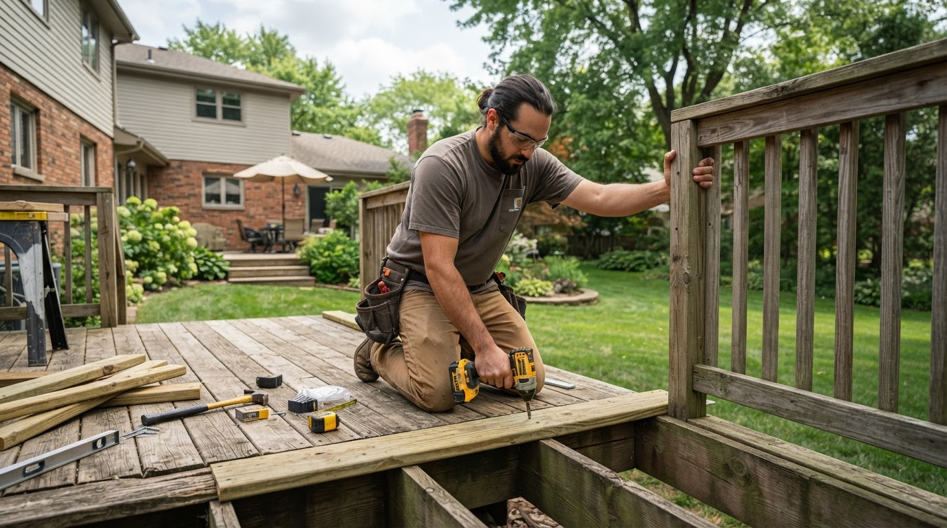 Carpenter evaluating and repairing a residential deck surface in a Bridgeton-style suburban backyard