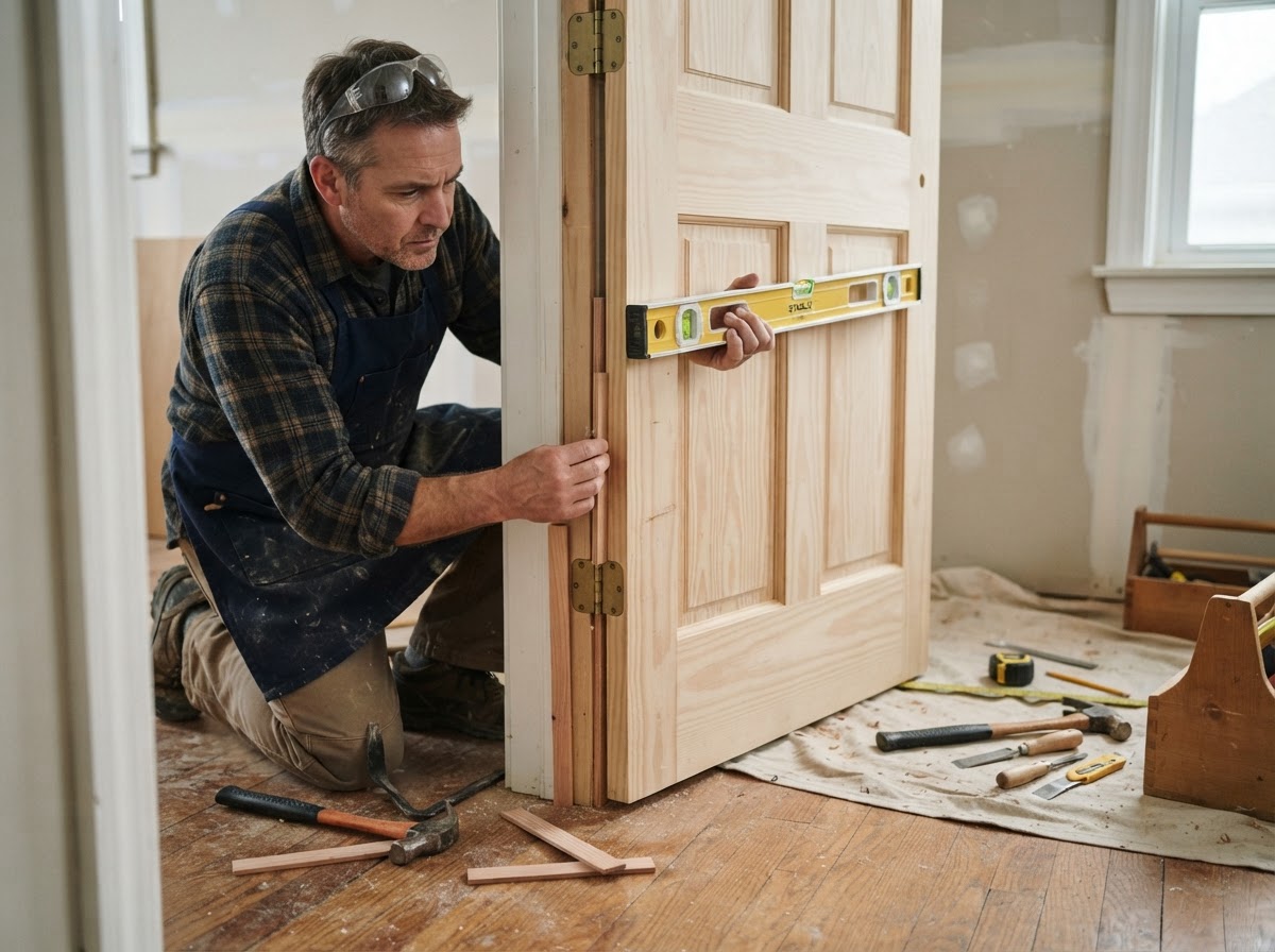 Carpenter fitting a new interior door slab into a prepared jamb with shims and level in a Hazelwood home