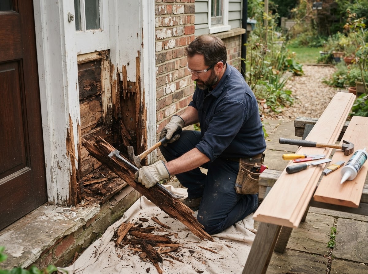Localized deteriorated wood replacement context around an exterior door area