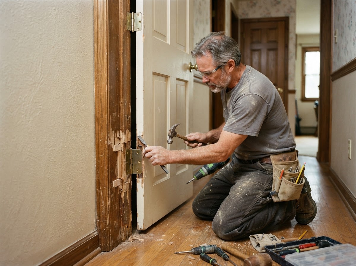 Door repair and hinge jamb alignment in an established Bridgeton home