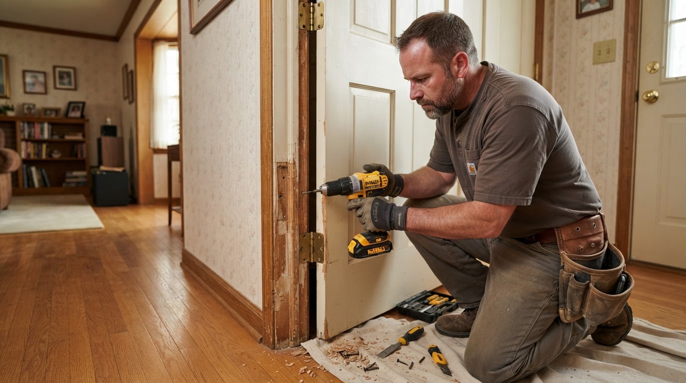 Carpenter evaluating a sticking door in an established 1970s-1990s Bridgeton-style suburban home