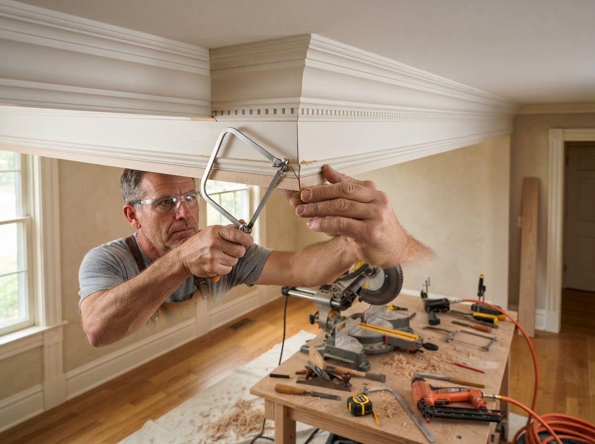 Architectural crown molding and trim being fitted with coping and miter joints in a traditional St. Charles interior