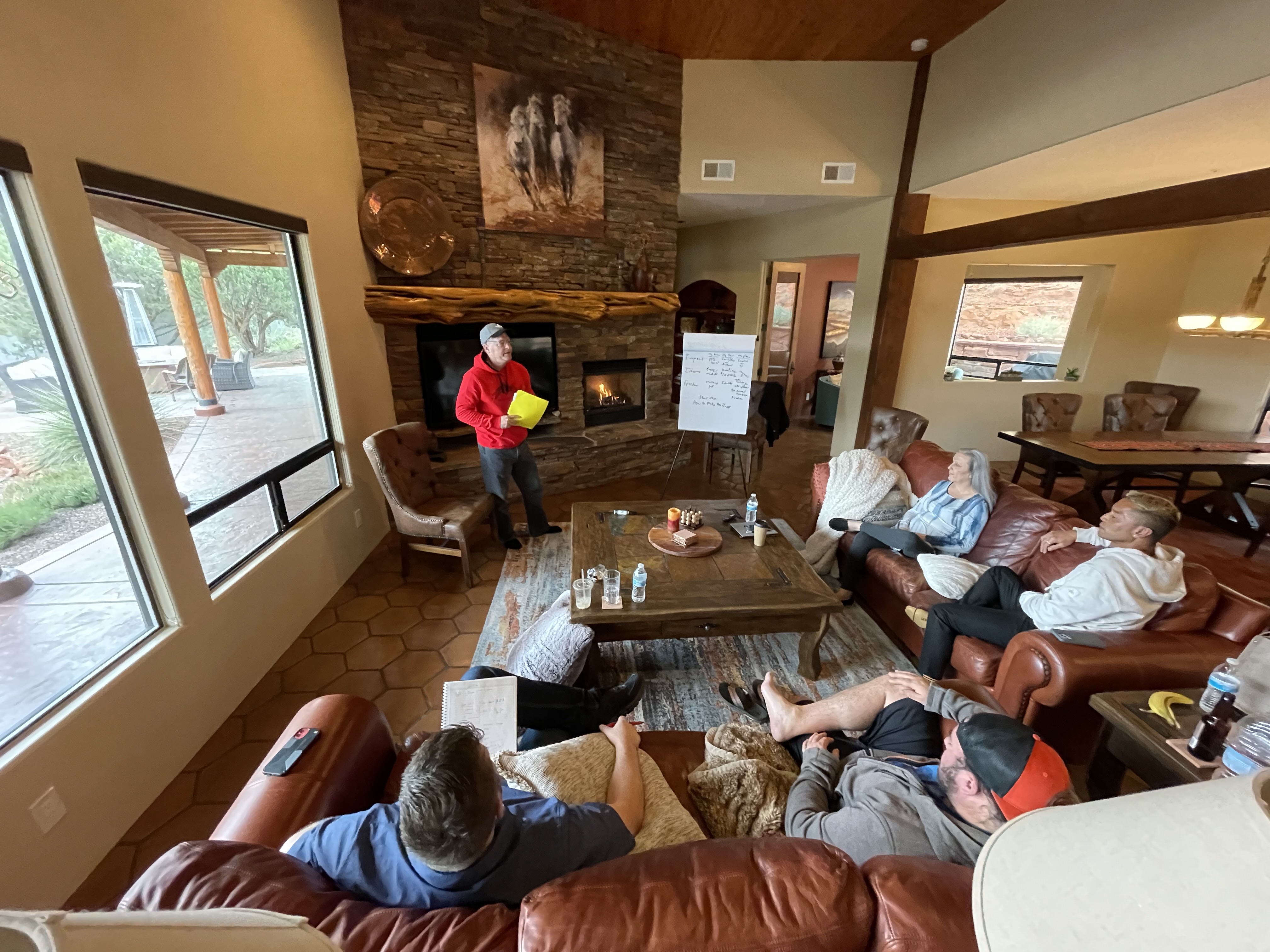 Adventure Club community retreat meeting room and presentation by the fireplace