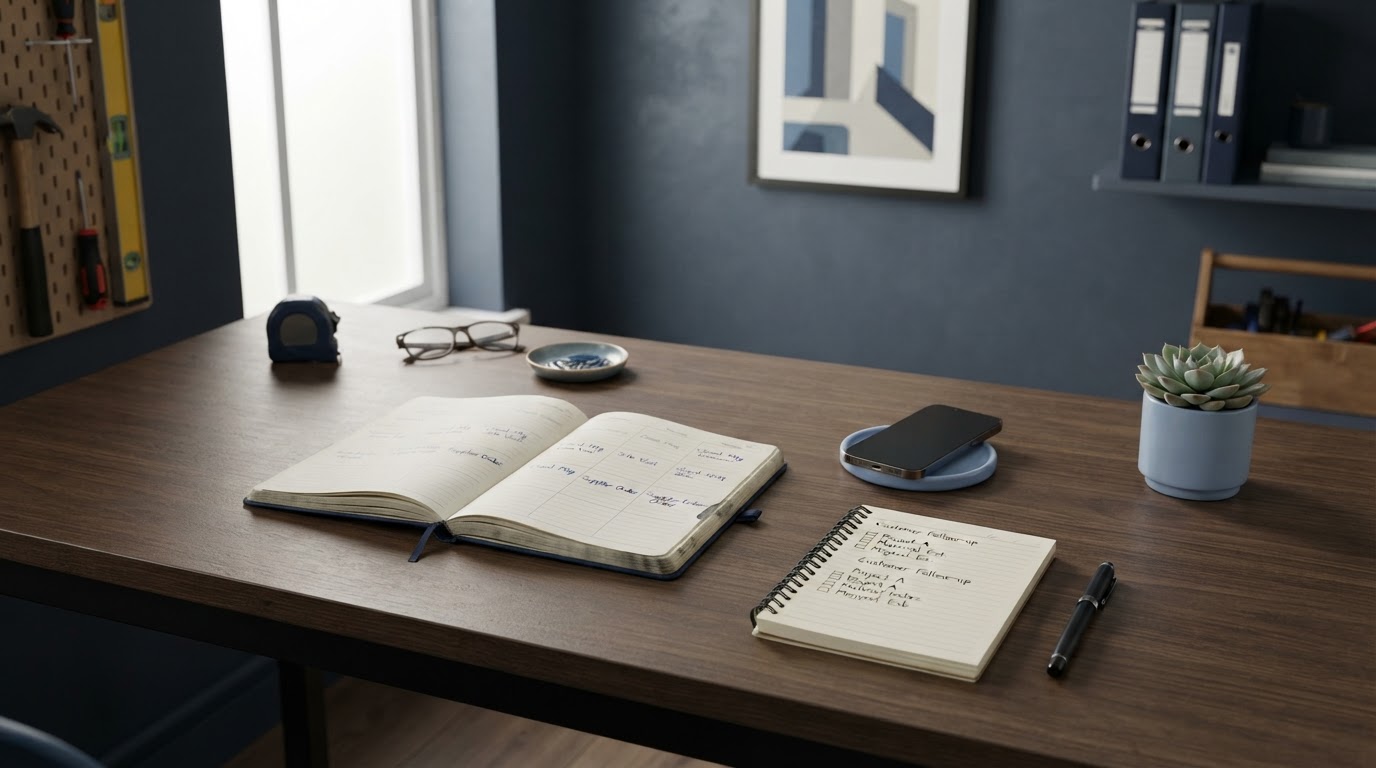 A tidy tradesperson's desk with a diary, a phone and a notepad, seen from above
