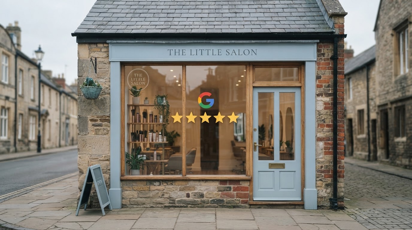 A UK high-street storefront window with a faint five-star shape reflected in the glass