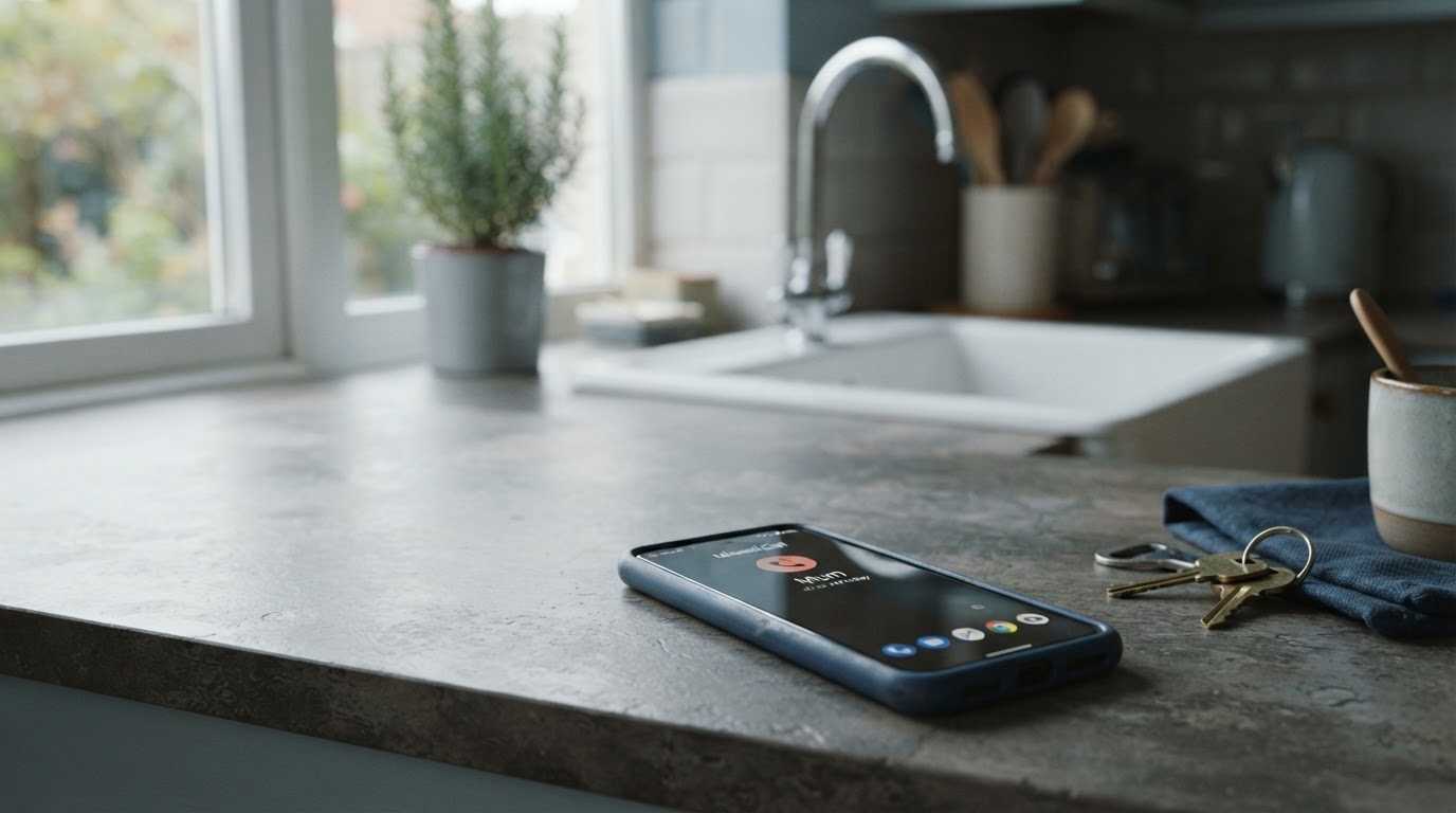 A plumber's mobile phone on a kitchen worktop showing a missed call