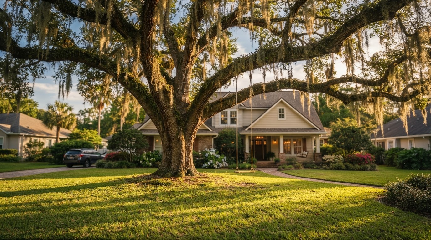Mature live oak tree draped in Spanish moss in a Jacksonville, Florida residential yard