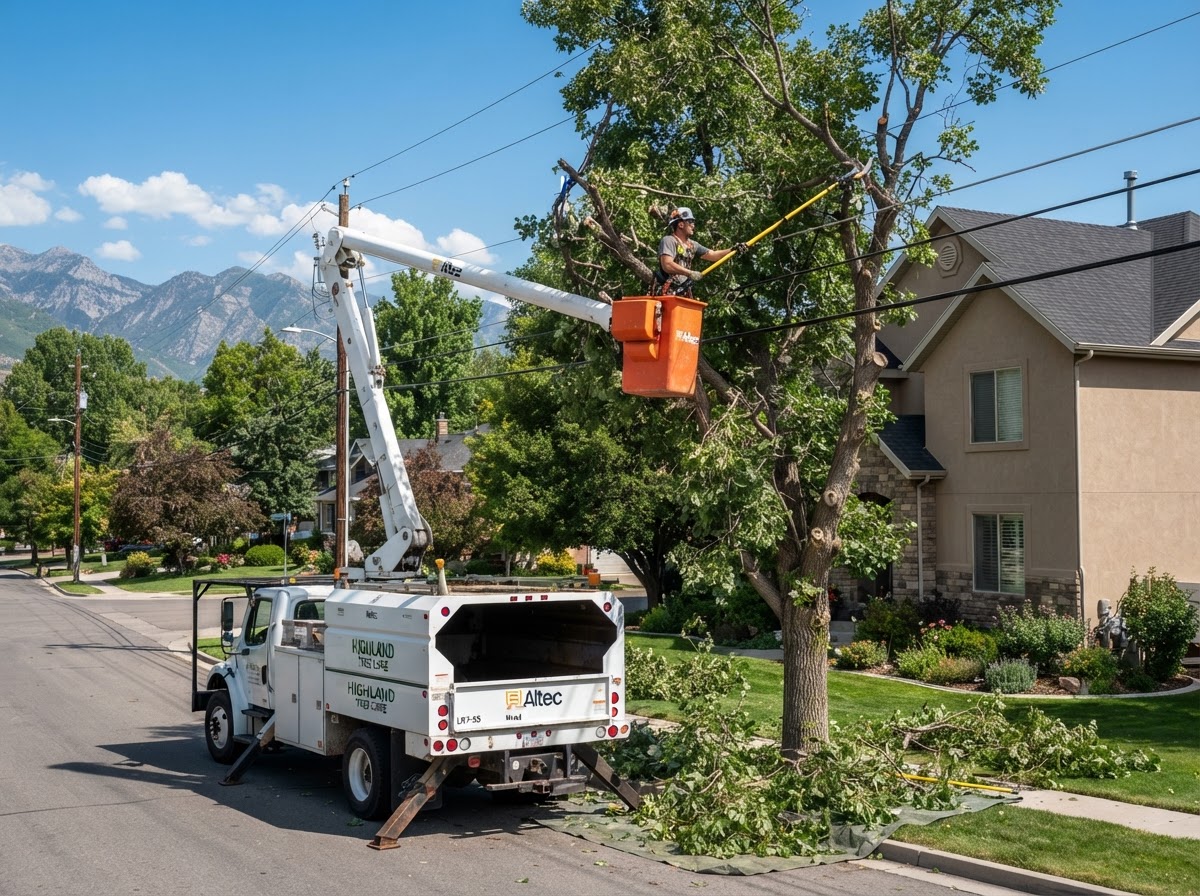 Tree care professional in a bucket lift trimming tree branches away from a home roof during tree services in Saratoga Springs, UT