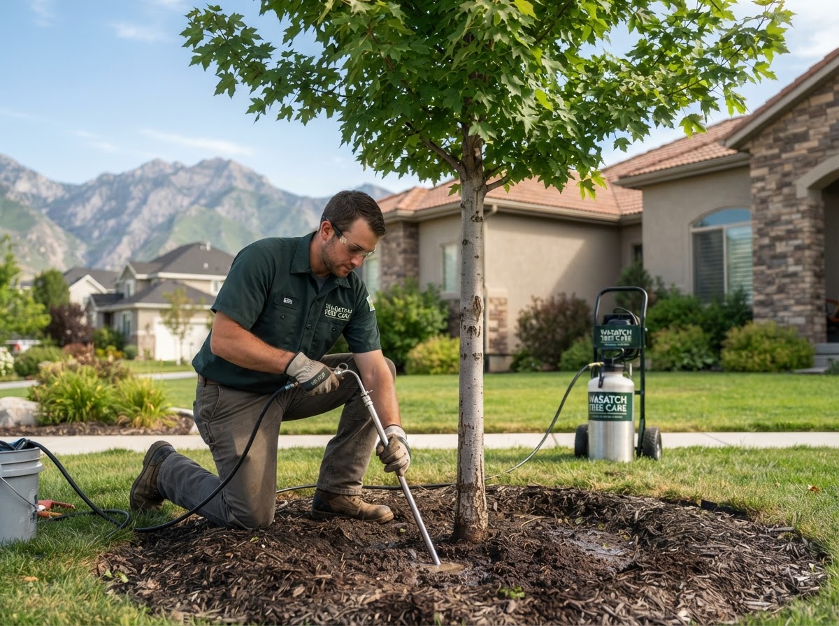 Tree care technician performing a deep-root fertilizer injection at the base of a young tree during plant health care in Saratoga Springs, UT
