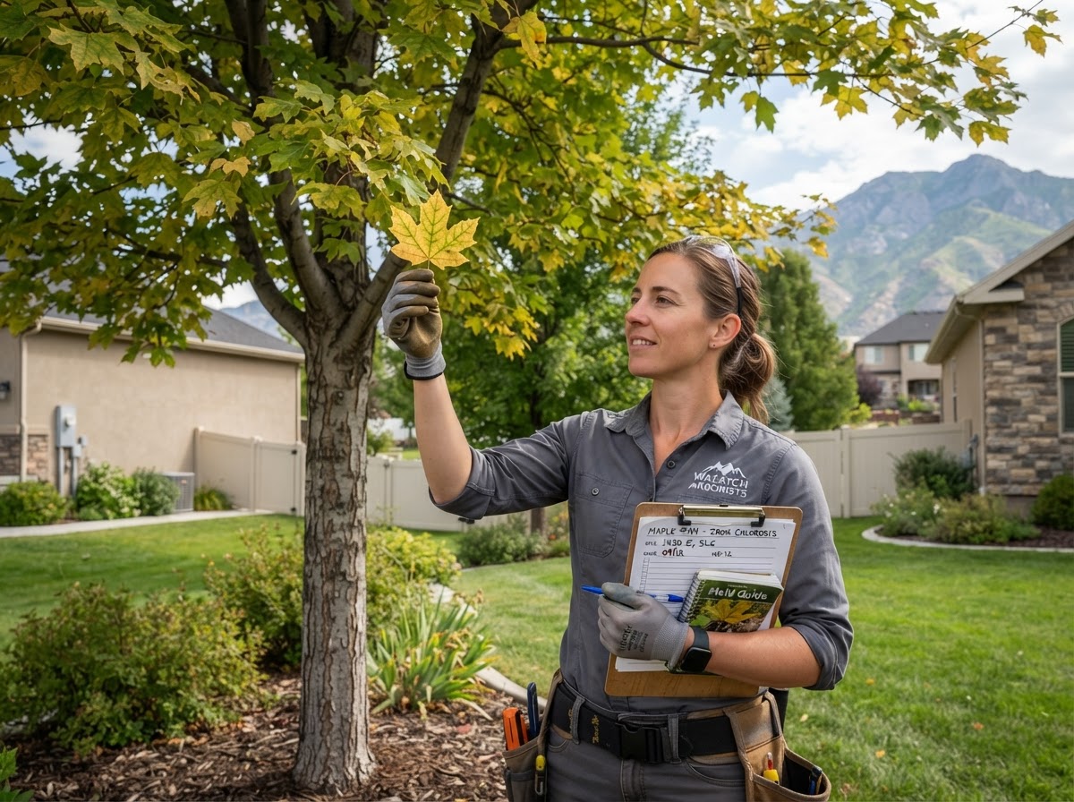 Tree care specialist inspecting yellowing maple leaves for iron chlorosis during a plant health care evaluation in Saratoga Springs, UT