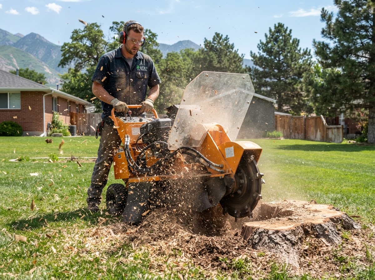 Worker operating a stump grinder machine to grind a tree stump below ground level during stump grinding services in Saratoga Springs, UT