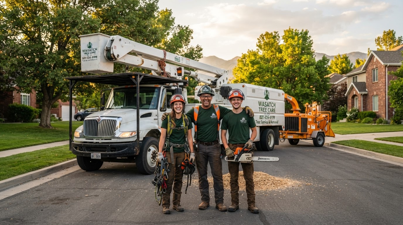 Tree service crew standing with their bucket truck and chipper in a residential neighborhood, by a tree care company in Saratoga Springs, UT