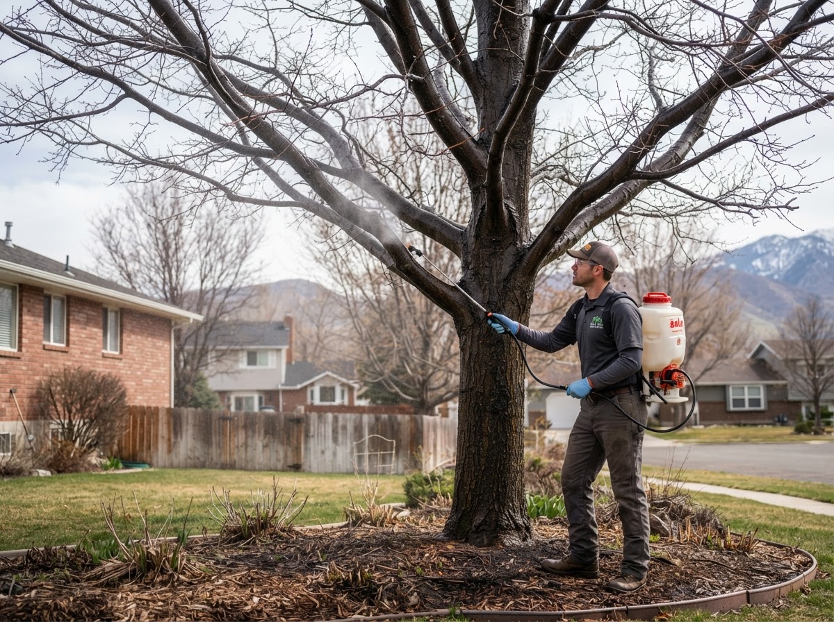 Technician applying dormant oil spray to tree branches with a backpack sprayer during plant health care in Saratoga Springs, UT