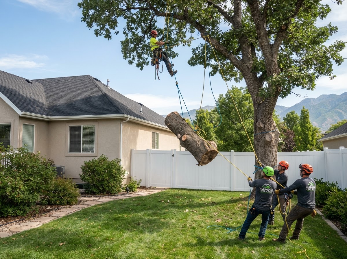 Crew lowering a large cut trunk section with ropes during a controlled tree removal near a home, by a tree removal service in Saratoga Springs, UT