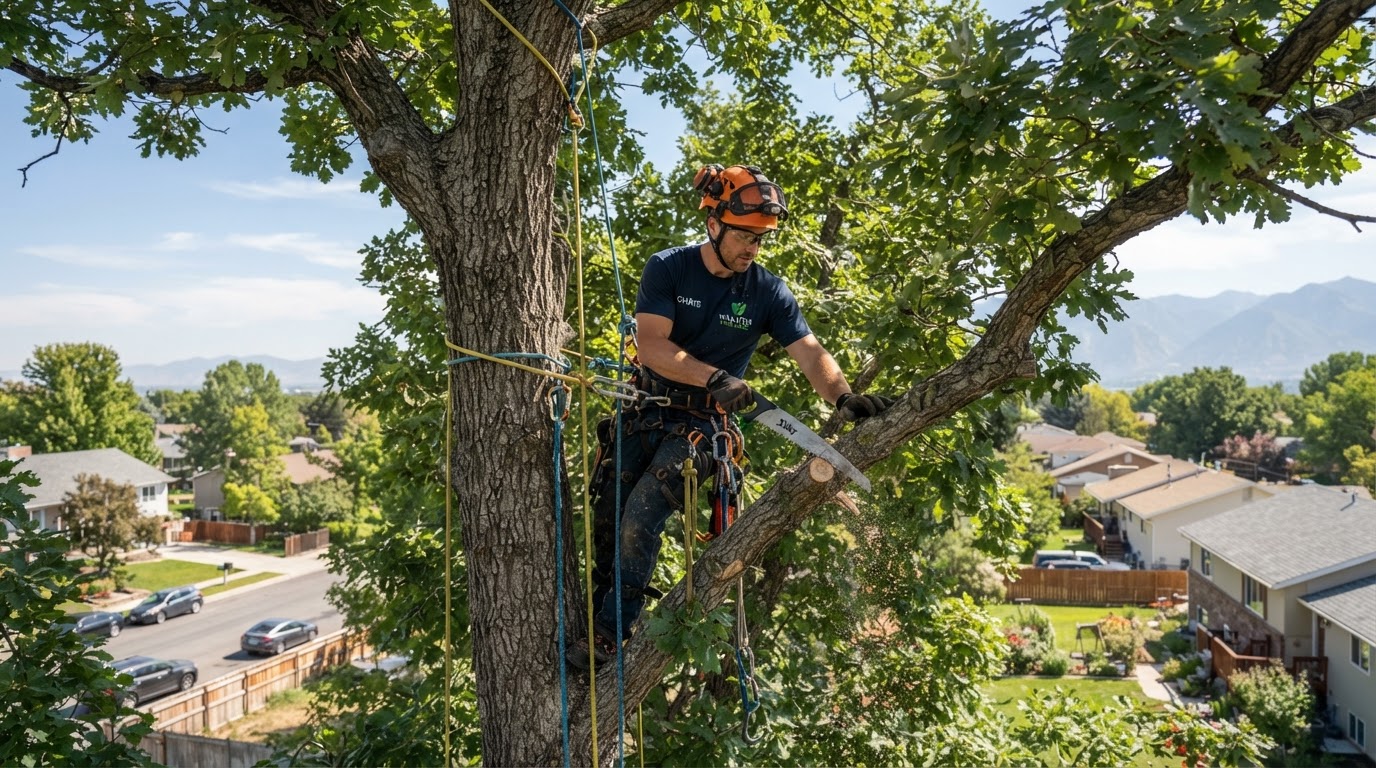 Professional tree worker secured with ropes trimming branches high in a mature tree, by a tree service in Saratoga Springs, UT
